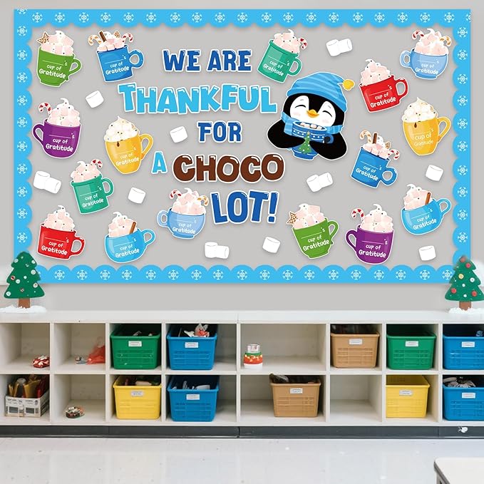 Funrous 51 Pcs Winter Bulletin Board Set Classroom Decor Winter Bulletin Boards We are Thankful for a Chocolate Lot Penguin Latte Paper Cutouts for Christmas Holiday School Classroom Home Wall Decor