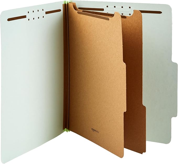 Amazon Basics Sturdy Pressboard Classification File Folders with Fasteners, Dividers, 2" Expansion for Documents Organization, 11.97 x 10.55 inch, Green, 10-Pack