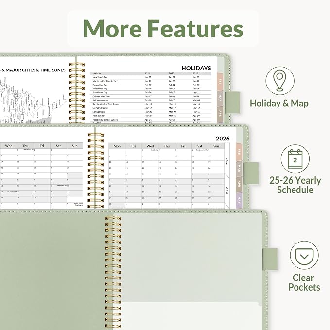 SUNEE 2026 Planner, Weekly and Monthly Calendar Planner 9"x11.2"- 12 Month (January 2026 - December 2026), Vegan Leather Cover, Pocket, Bookmark, Notes, Monthly Tab, Sage Green