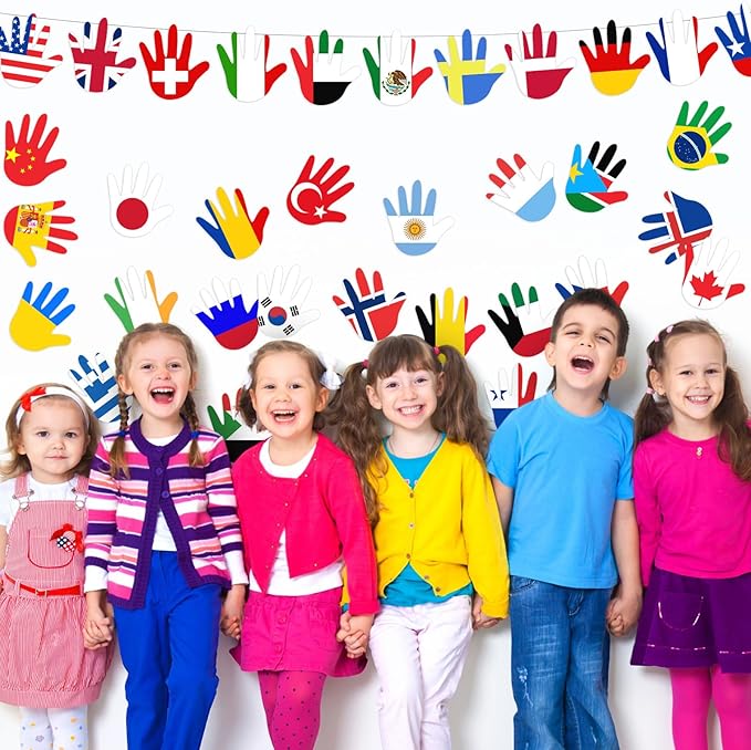Fullhawl 36 Pcs Around The World Bulletin Board Set Flags of The World Multicultural Hands Cut Out Decorations International Country Flags History Classroom Decor Diversity Back to School Wall Door