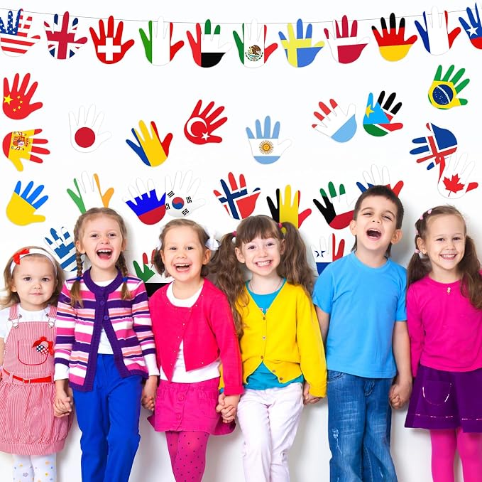 Fullhawl 36 Pcs Around The World Bulletin Board Set Flags of The World Multicultural Hands Cut Out Decorations International Country Flags History Classroom Decor Diversity Back to School Wall Door
