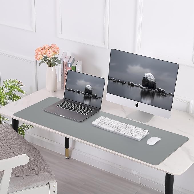 AFIING Leather Desk Pad Protector, 47" x 17" Large Desk Mat with Natural Cork & PU Leather, Mouse Pad, Non-Slip, Waterproof Desk Writing Pad for Office and Home (Light Gray)