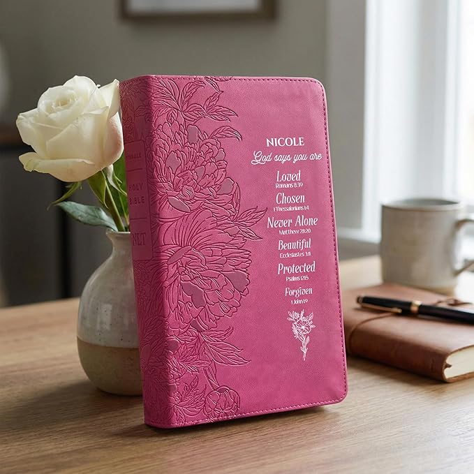 Personalized NLT Gift Bible, New Living Translation, Red Letter, Faux Leather, Peony Pink, Custom Name Bible for Women, Christian Graduation Gift for Her, Birthday Gift, Inspirational Keepsake