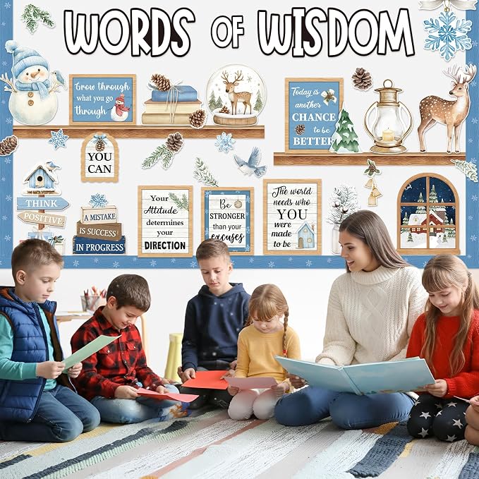 Mooliwe 57 Pcs Christmas Winter Bulletin Board Set Inspirational Classroom Decoration Watercolor Snowflake Snowman Cutout for Holiday School Chalkboard Door Wall Decor