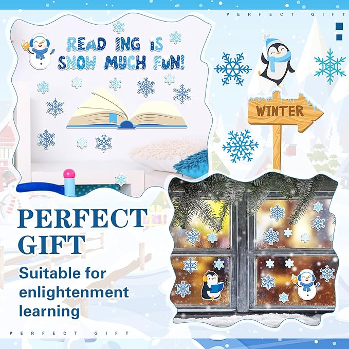 TaoBary 73 Pcs Winter Snowflake Bulletin Board Set Snowflake Penguin Snowman Umbrella Cutouts Learning is Snow Much Fun Bulletin Board Decorations for School Home Chalkboard Wall Decor (Cute)