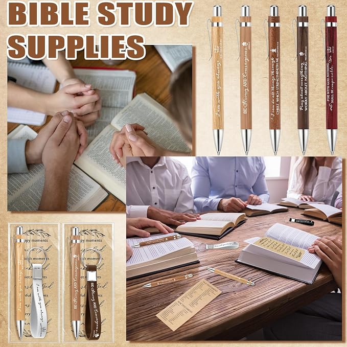 Gueevin 10 Sets Father's Day Christian Church Gift Bulk Bible Verse Bamboo Pens Religious Bookmarks and Scripture Silicone Keychains, Father's Day Thank You Gifts for Men