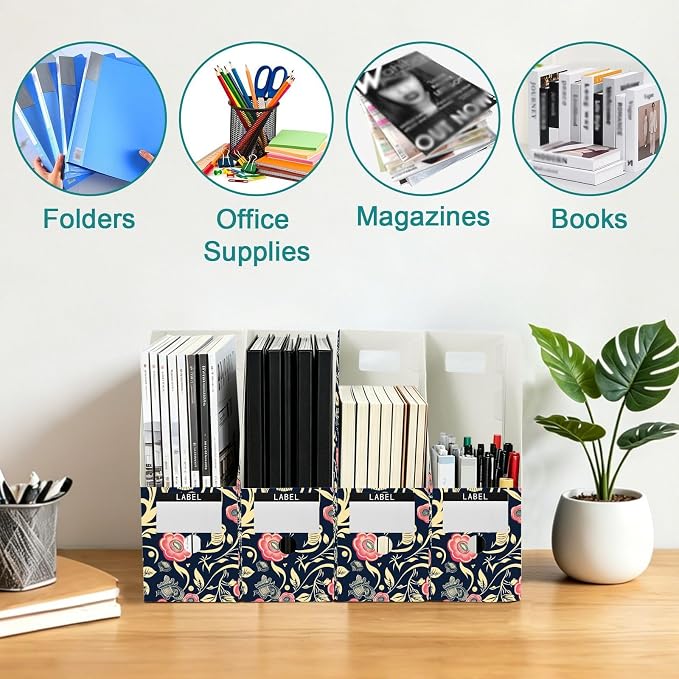 Foldable magazine folders for documents 9x12 inches, desk file organizer 3 Pack storage file boxes for Home School Office, William Morris Style Floral Dark Blue Peach