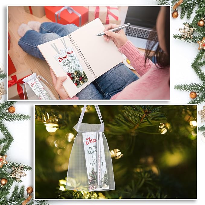 Dispowreath 24 Pcs/ 12 Sets Christian Gifts Bulk for Christmas Jesus is The Reason Gifts, 12 Winter Bible Verse Pen 12 Christian Bookmarks Religious for Church Sunday School Class Prizes Party Favors