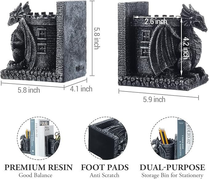 Bookends Dragon, Gothic Black Resin Dragon Guarding Castle Pencil Cup Bookends, Office Desk Book Ends with Decorative Fantasy Dragons and Stone Tower Pen Holders, 1 Pair