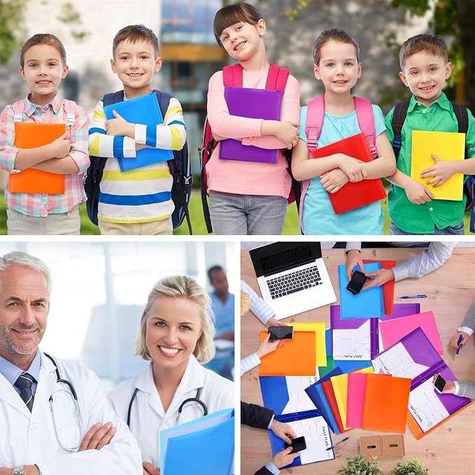 Cholemy 104 Packs Pocket Folders with Prongs Heavy Duty Plastic Folder with Business Card Slot 3 Prong Fasteners for School Office (Cute)
