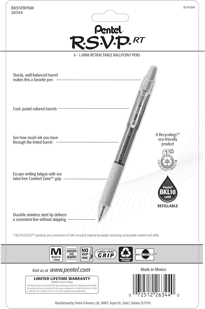 Pentel RSVP RT Pastel Barrel, Retractable Ballpoint Pen, (1.0mm) Med, Assorted Ink (6-Pk)