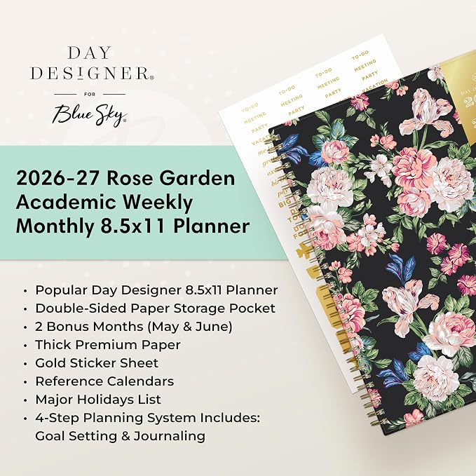 Blue Sky Day Designer 2026-2027 Weekly and Monthly Academic Year Planner Calendar, July 2026 - June 2027, 8.5" x 11", Flexible Cover, Laminated Tabs, Storage Pocket, Includes Stickers, Rose Garden