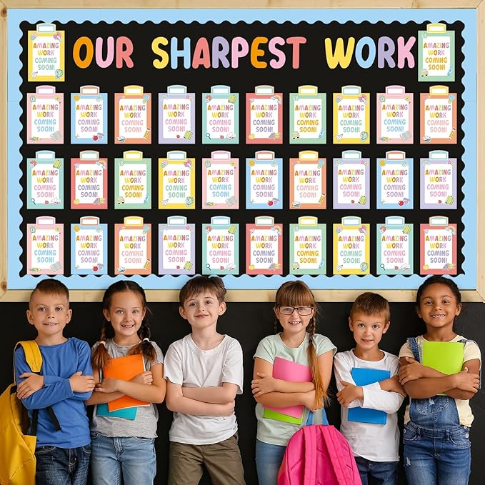 Wiooffen 154 Pcs Student Work Display Bulletin Board Set Bulletin Board Cutouts with Clips Names Display Inspirational Student Work Classroom Wall Decor for Teacher Back to School Supplies Boho