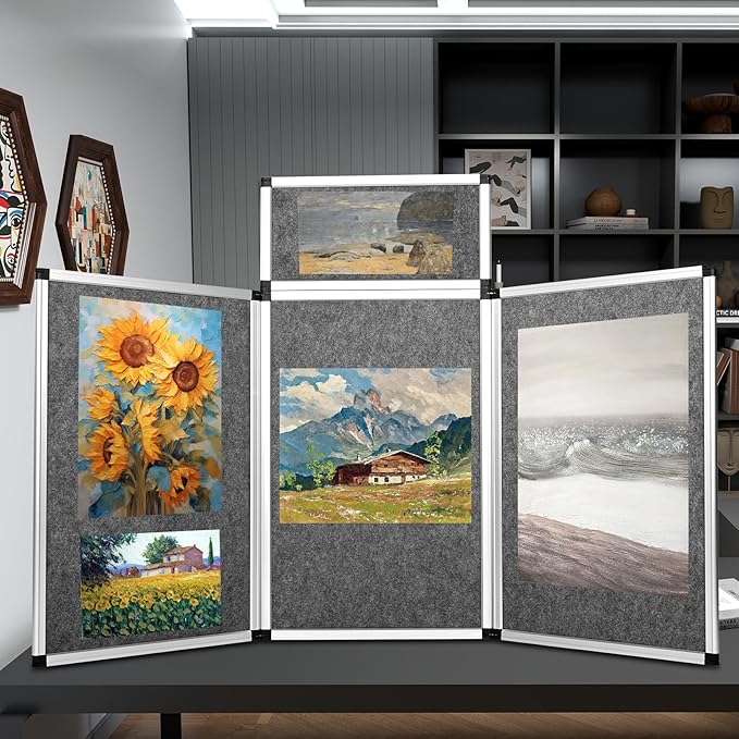jxgzyy 3+1 Panel Trade Show Presentation Board Trifold Poster Board with Storage Bag Grey Single Sided Tabletop Display Board Folding Panel Display for School Project Vendor Events Science Fair