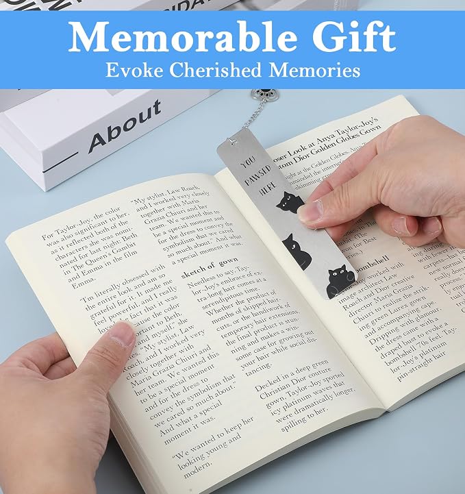 Cat Bookmarks, 2 Pcs Stainless Steel Black Cat Bookmark for Women, Men, Kids, You Paused Here Cute Book Marks for Book Lovers, Birthday, (Silver & Black)
