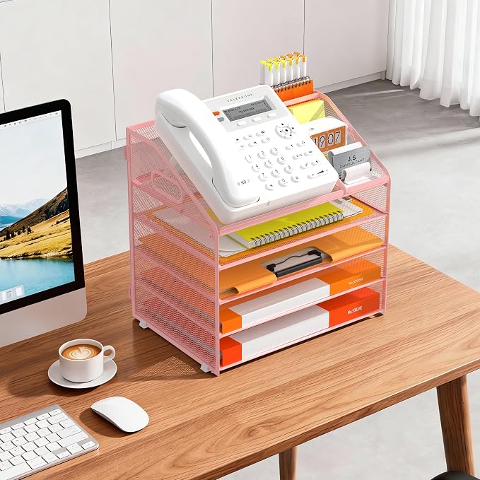 DocNest 5 Tier Metal Mesh Letter Tray - Space Saving Desk File Organizer with Handle, Pen Holder & Folder Holder - Desktop Document Sorter for Office, Home, School, Classroom - Pink