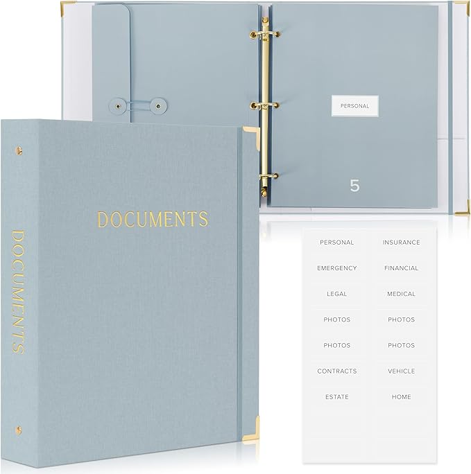 Important Document Organizer Set with Folders - Complete Linen Ring Binder Set Safely Stores All Documents & Files in One Place - Easy to Use Expanding Storage Incl. Envelopes, Pockets & Labels