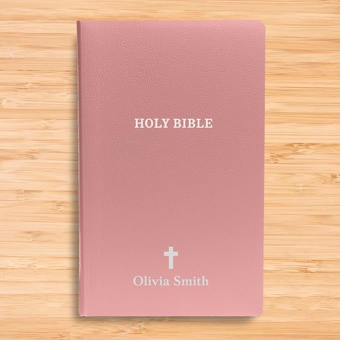 MerchSalad Personalized KJV Bible King James Version Faux Leather Holy Bible with Custom Name SMALL PRINT with Red-Highlighted Verses, Custom Gift for Christian & Religious Celebrations | Pink