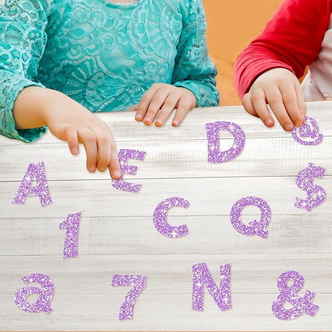 Colarr 216 Pcs Glitter Bulletin Board Letters for Classroom Number Alphabet Punctuation Symbol Cutout 4'' Die-Cut Poster Letter with Adhesive Dot School Party Holiday Decor Display(Violet)
