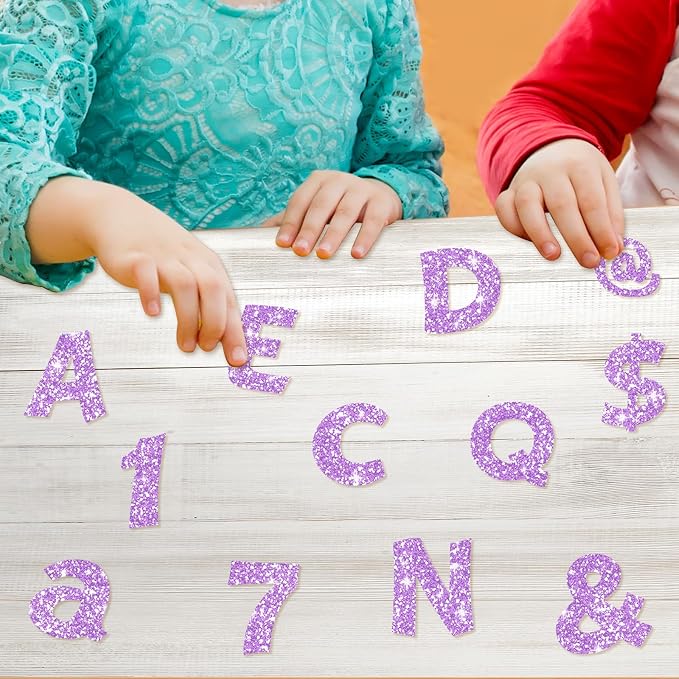 Colarr 216 Pcs Glitter Bulletin Board Letters for Classroom Number Alphabet Punctuation Symbol Cutout 4'' Die-Cut Poster Letter with Adhesive Dot School Party Holiday Decor Display(Violet)