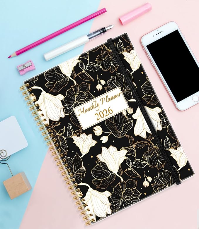 Monthly Planner 2026 - Monthly Calendar from January 2026 to December 2026, 2026 Planner with Inner Pocket, Elastic Band, 8.5" x 11", White Gold Flower
