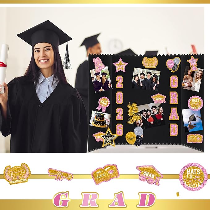 AmazingSpark 4 Sets Graduation Photo Display Board Trifold Poster Board with 12 Graduation Themed Stickers for 2026 Grad Party Decoration Picture Collage Frame Supplies (24 x 16,Pink Gold)