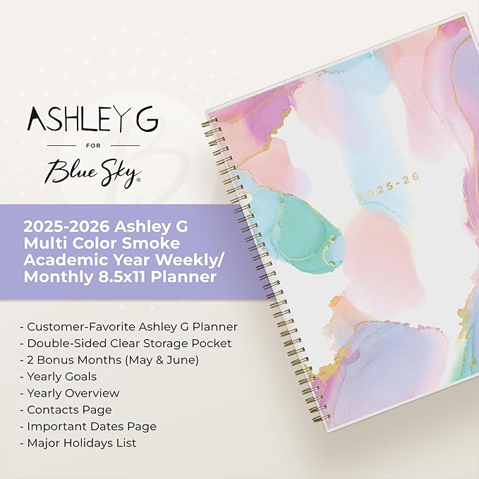 Blue Sky Ashley G 2025-2026 Weekly and Monthly Academic Year Planner Calendar, July 2025 - June 2026, 8.5" x 11", Flexible Cover, Wirebound, Laminated Tabs, Multi Color Smoke