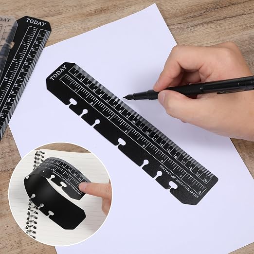 4 PCS Bookmark Rulers, Black and Clear Spiral Notebook Bookmark, Plastic Planner Ruler for A5 Size 7-Hole Binder Notebook