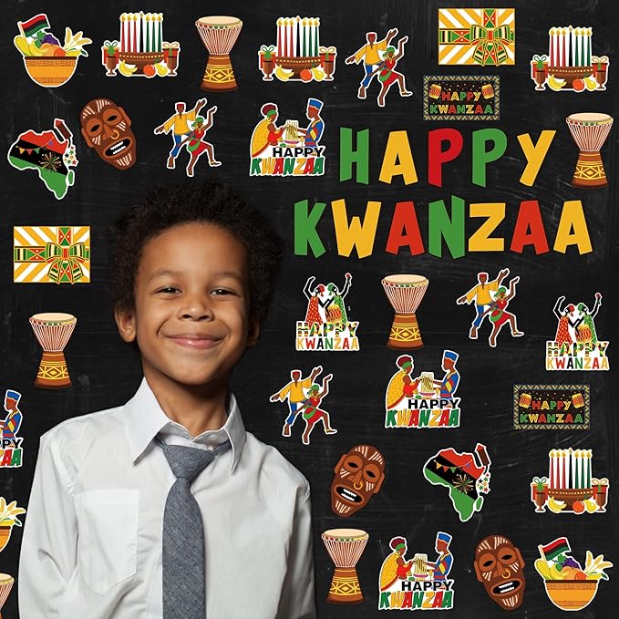 68 Pcs Kwanzaa Classroom Bulletin Border Decoration - Happy Kwanzaa Cutouts, Traditional African Giant Drum Mask Flag Map, Giant Candlestick Cutouts for School Chalkboard, Party Wall