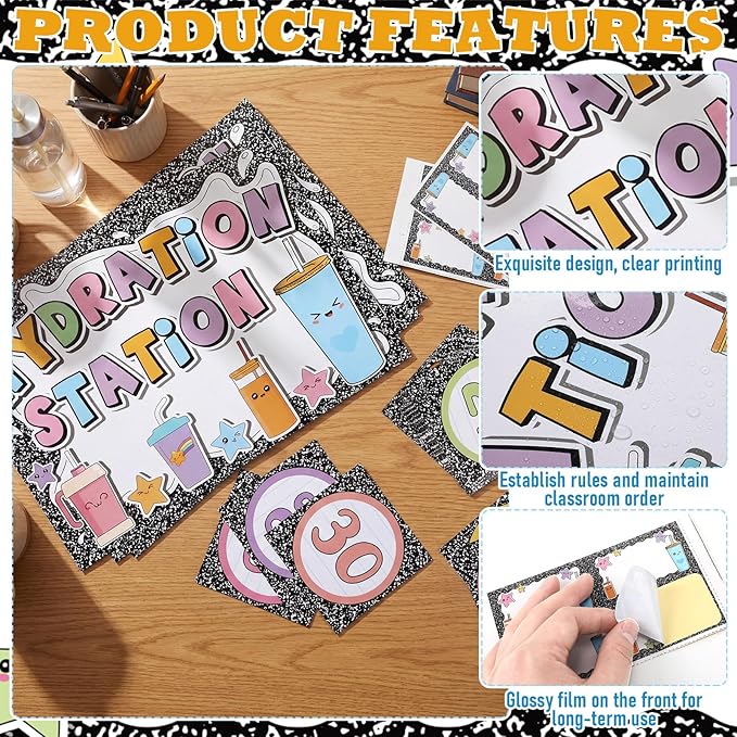 Frienda 67 Pcs Classroom Water Station Decor Set, Hydration Station Posters with Name and Number Stickers, Self-Adhesive Cup Organization Kit for Preschool Elementary School, Back to School Supplies