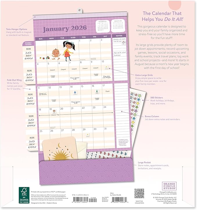 Orange Circle Studio 2026 Do It All Wall Calendar, Mom Agenda, Family Monthly and Weekly Planner, Hanging Organizer, Aesthetic for Office, Home or School Use, Magnetic and Nail Hanging Options