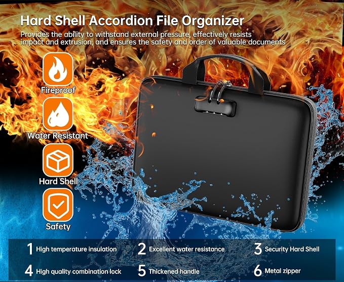 Fireproof File Organizer with Lock, Hard Case Fireproof Document Box with 13 Colorful Pockets Accordion File Folder, Important Document Organizer for Letter A4 Files Laptop Passports (Black)
