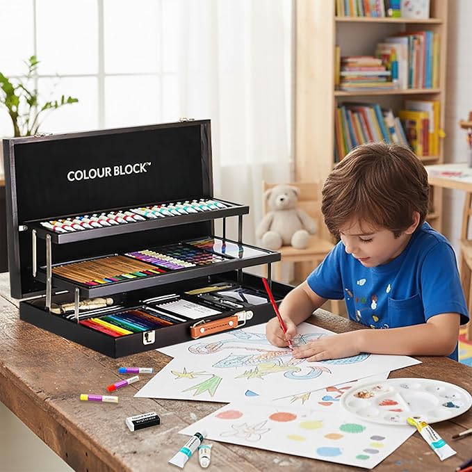 COLOUR BLOCK 181-Piece Mixed Media Art Set in Wooden Case for Drawing Sketching Painting, Soft Oil Pastels, Acrylic Watercolor Paints, Pencils, Art Supplies Kit for Artists, Professional, Adults, Beginner