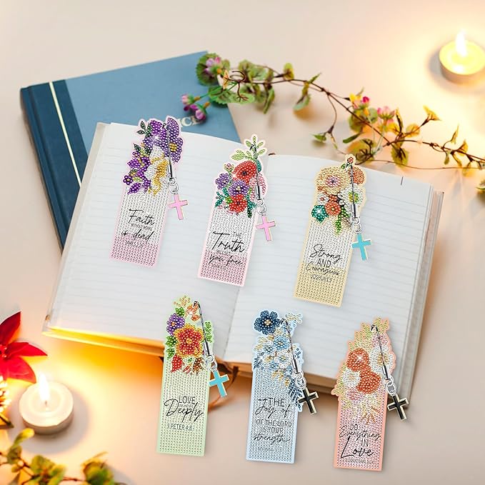 Christian Diamond Art Bookmarks Kit - DIY Diamond Painting Bookmarks with Bible Verses, Colorful Flowers Bookmark for Adults for Bible Journaling, Prayer & Worship Accessories