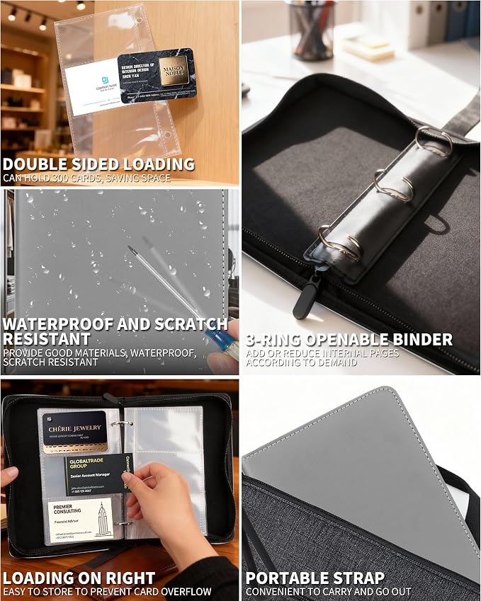 Leather Business Card Book Holder Organizer, Professional Name Card Book Holder with 300 Card Capacity, Portable PU Credit Card Binder File Sleeve Storage for Men Women,50 Pack Sleeves Zipper Closure