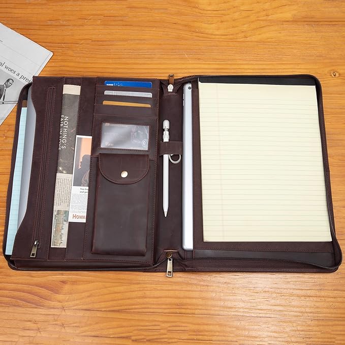 YIWEN Handmade Leather Portfolio, Zippered Padfolio Organizer Case, 8.5 x 11" Notepad Holder and 13" Tablet Folio, Professional Business Travel Gift for Women and Men (Dark Brown, Crazy Horse Leather)