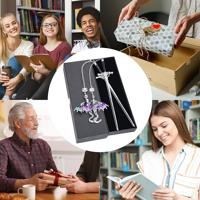 Fantasy Dragon Sword Bookmarks - 2 PCs Cool Metal Book Mark Gifts for Reading Blue Purple Page Maker Merch for Men Boys Kids Novel Fans Lovers Bookish Students Teachers School Accessories