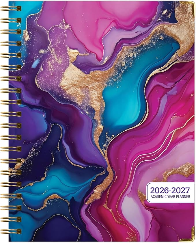 HARDCOVER Academic Year 2026-2027 Planner: 14 Months (May 2026 Through June 2027) 8.5"x 11" Daily Weekly Monthly Planner Yearly Agenda. Bookmark, Pocket Folder and Sticky Note Set (Pink Purple Marble)