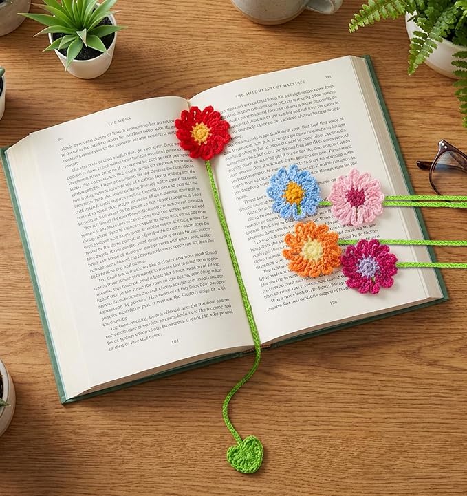 8 Pack Crochet Bookmarks, Colorful Flower Bookmarks for Book Lovers & Teachers (11.8 x 2.2 Inches)