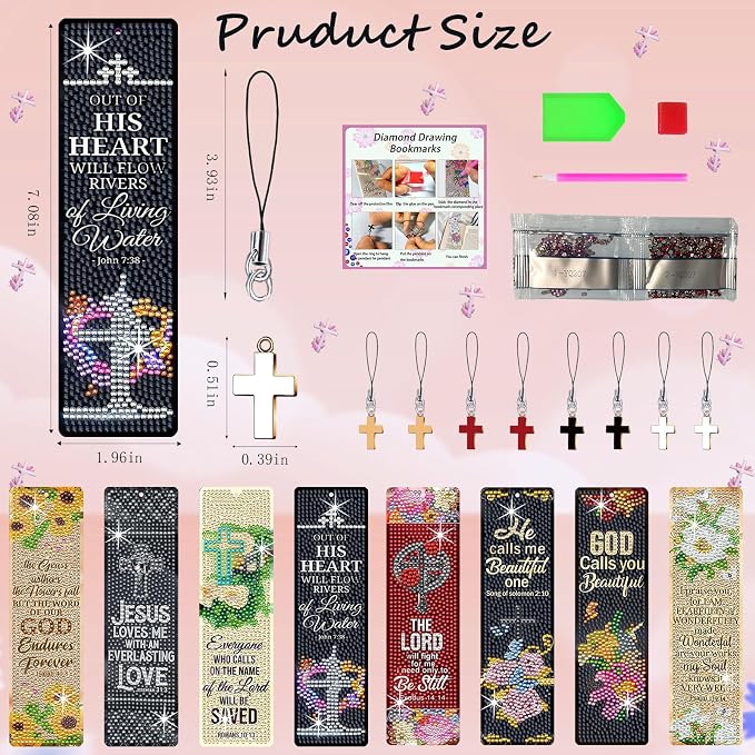 8PCS Diamond Painting Art Bookmarks,Cute Acrylic Bookmarks Crafts Kits Gifts with Pendants for Adult Women Book Lovers (bible2)
