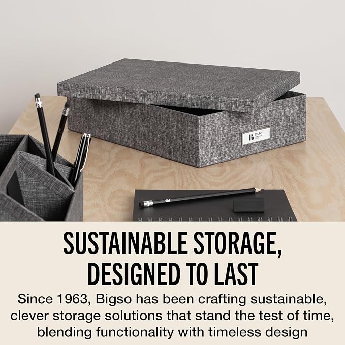 Bigso Oskar Canvas Fiberboard Document Letter Box for Important Paperwork A4 or Letter Size - Durable Keepsake Box with Lid and Metal Label Holder - 3.3in x 10.2in x 13.8in - Melange Grey