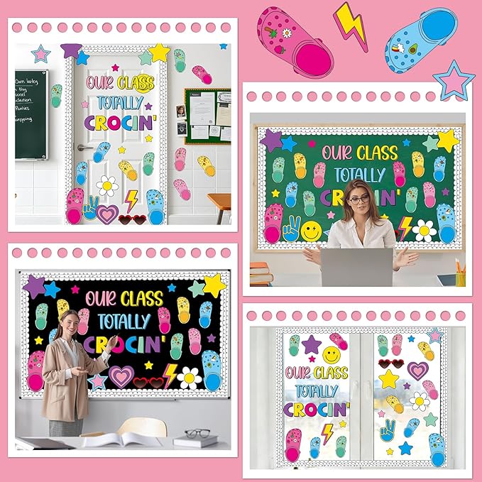 Summer Bulletin Board Decoration Summer Classroom Bulletin Board Set Our Class Totally Crocin' Retro Colorful Shoe Charms Paper Cutouts for Back to School Supplies Classroom Chalkboard Wall Door Decor