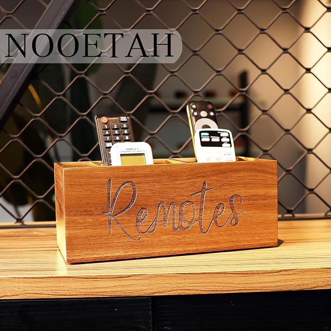 Remote Control Holder, Wooden TV Remote Holder for Table, Remote Organizer Caddy for Home Decor, Remote Box for Nightstand, Brown Labeled Remote, 3 Slot - 9.84 Inch