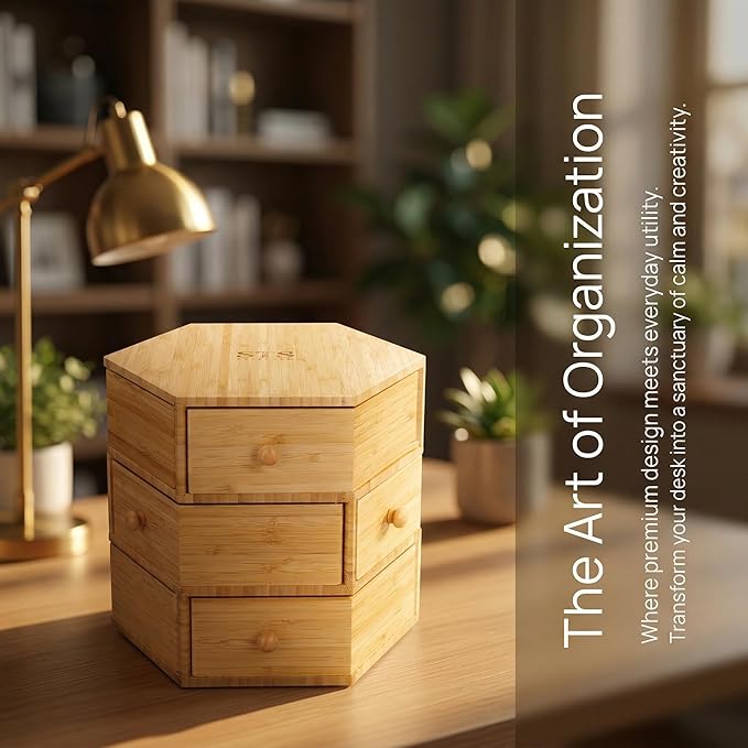 360° Rotatable Bamboo Desktop Organizer, Large Capacity Cosmetic & Jewelry Storage for Makeup Serum, Diamond, Easy Setup No Assembly (3-Tier 9-Drawers)