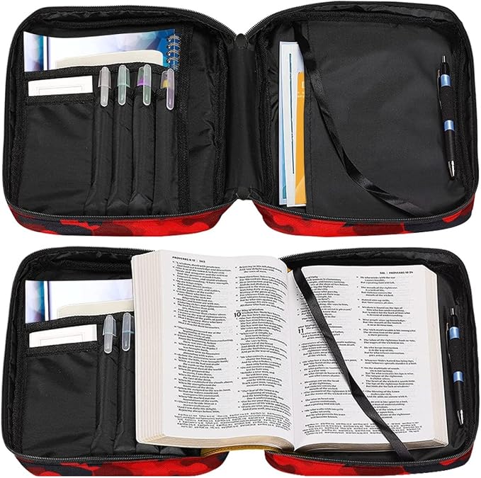 Coldinair Red Black Camo Print for Men Women Teens,Camouflage Carrying Book Case Church Bag Bible Protector with Handle and Zipper Pocket