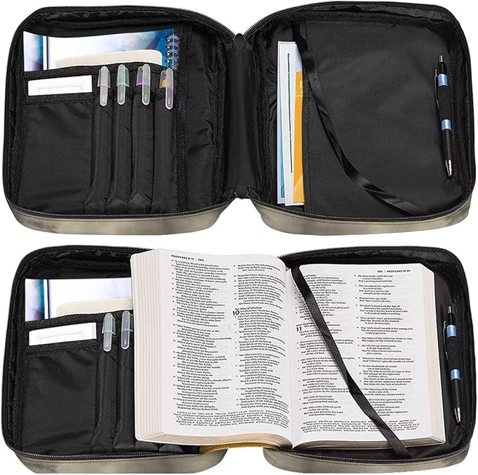 Suobstales American Flag Deer Print Bible Cover Portable Carrying Book Case Multi-Functional Bible Case Bible Organizer Case with Handle and Zippered Back Pocket