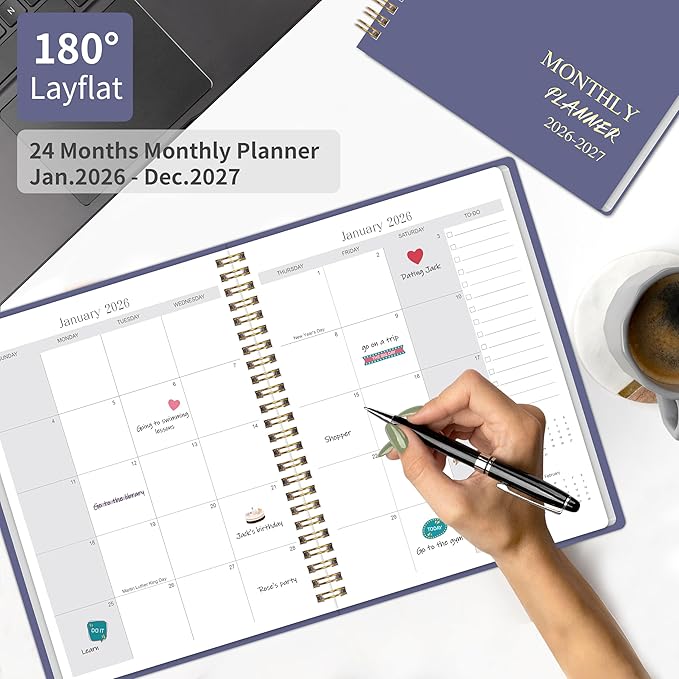 2026-2027 Monthly Planner - 2 Year Monthly Planner 2026-2027, Hard Cardboard Cover, Jan 2026 - Dec 2027, 7.5" x 10", 2 Year Calendar with 24 Month, Twin-wire Binding, Note Pages