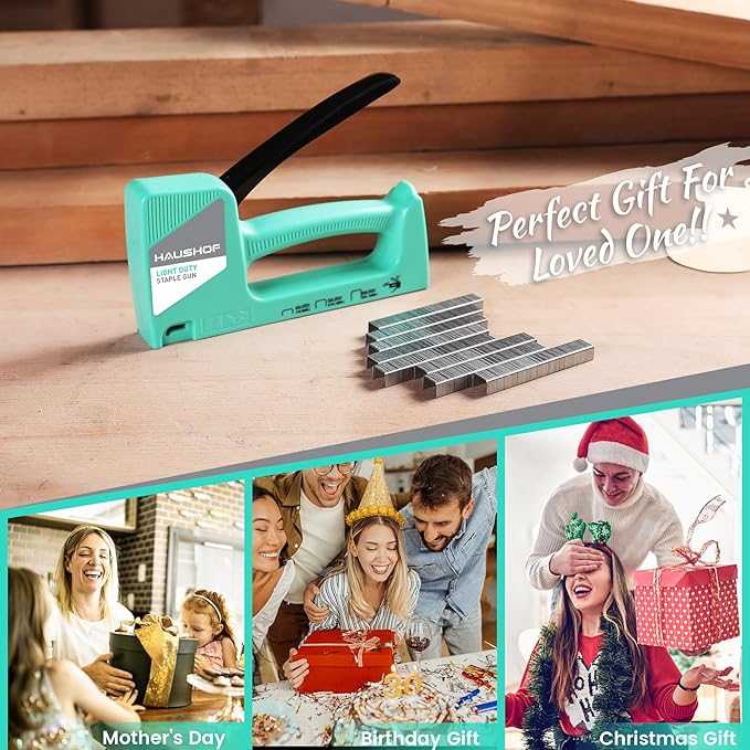 HAUSHOF Light Duty Staple Gun, Upholstery Staple Gun with 800PCS JT21 Staples and Stapler Remover, Fits JT21 Staple of 1/4'', 5/16'' & 3/8'', Used for Wood, Classroom, Crafts, DIY, Decoration (Green)