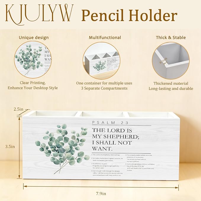 Christian Pen Holder for Desk, Christian Gifts for Women, Psalm 23 the Lord Is My Shepherd Bible Verse Wooden Box Pencil Pen Holder Organizer for Home Office Desk Accessories