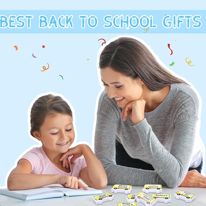 50 Pcs Erasers Bulk Inspirational Bus Erasers Cute Mini Motivational Gifts for Prizes Homework Rewards Supplies Office Supplies